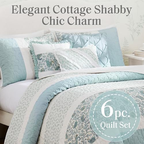 Madison Park 100% Cotton Quilt Set Floral Print, Double Sided Stitching, All Season, Lightweight Coverlet Shabby Chic Bedding Layer, Matching Shams, Full/Queen, Light Teal 6 Piece,Aqua Madison Park
