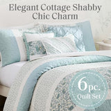 Madison Park 100% Cotton Quilt Set Floral Print, Double Sided Stitching, All Season, Lightweight Coverlet Shabby Chic Bedding Layer, Matching Shams, Full/Queen, Light Teal 6 Piece,Aqua Madison Park