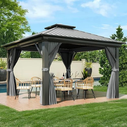 YITAHOME 12x12ft Hardtop Gazebo with Nettings and Curtains, Heavy Duty Double Roof Galvanized Steel Outdoor Combined of Vertical Stripes Roof for Patio, Backyard, Deck, Lawns, Gray - WoodArtSupply