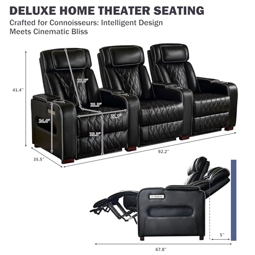 GUEAPY Power Reclining Sofa Home Theater Seating with Adjustable Headrest, Breathable Leather Electric Recliner with LED Lighting, Cup Holders, USB Charging & Tray Table