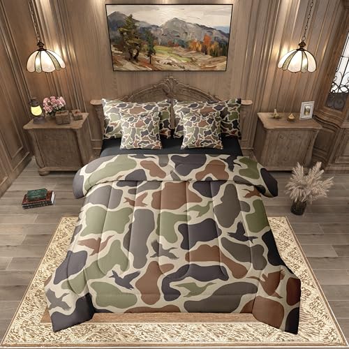 Erosebridal Duck Hunting 7 Pieces Bed Set Twin Size Army Camo Comforter Set Kids Boys Green Camouflage Military Bed in A Bag with Comforter Wild Woodland Sheet Set Farmhouse Room Decor Erosebridal