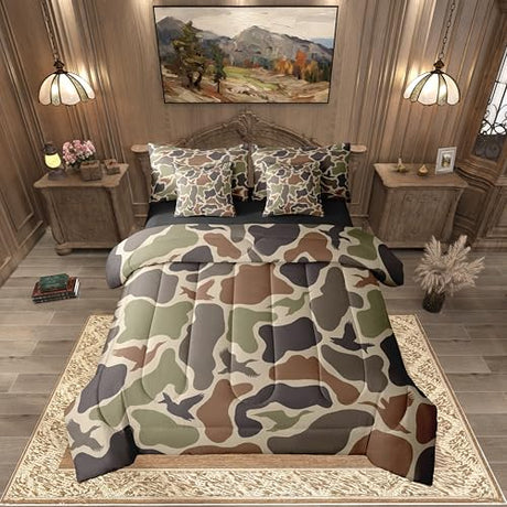 Erosebridal Duck Hunting 7 Pieces Bed Set Twin Size Army Camo Comforter Set Kids Boys Green Camouflage Military Bed in A Bag with Comforter Wild Woodland Sheet Set Farmhouse Room Decor Erosebridal