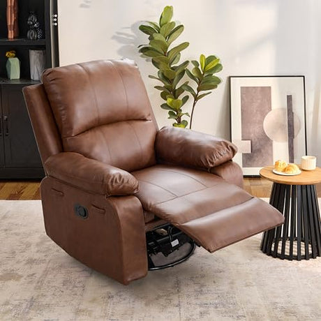zzlay 360° Swivel Rocking Leather Recliner Chair for Adults, Overstuffed Manual Recliner with Spring Cushion, Glider Rocking Nursery Single Sofa with Side Pockets for Living Room, Camel zzlay