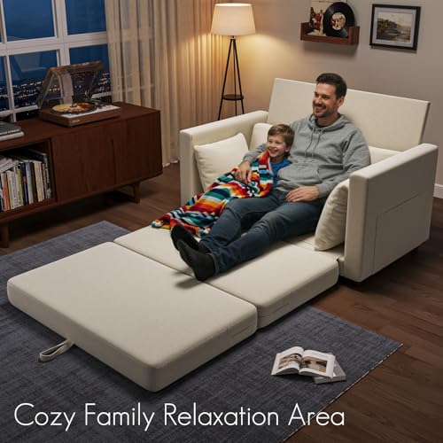 TROMIRY Convertible Loveseat Sofa Bed | Pull Out 78.7” Floor Couch Bed | Folding Sleeper Sofa Bed for Living Room, Apartment & Guest Room | Ivory White TROMIRY