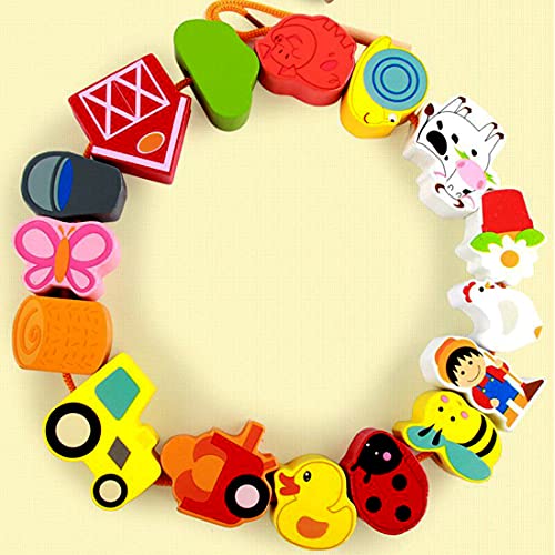 Lacing Farm Toy Wooden Block Set, Early Educational Toys String & Lacing Beads Games for Toddlers Kids Farm Animal Learning Play Set (16 Pieces) Newraturner
