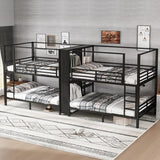 Full Size Quadruple Metal Bunk Bed with Wardrobe & Storage Shelves, Quadruple Metal Bunk Bed Frame with Noise-Reduced Design (Black/Full) MERITLINE