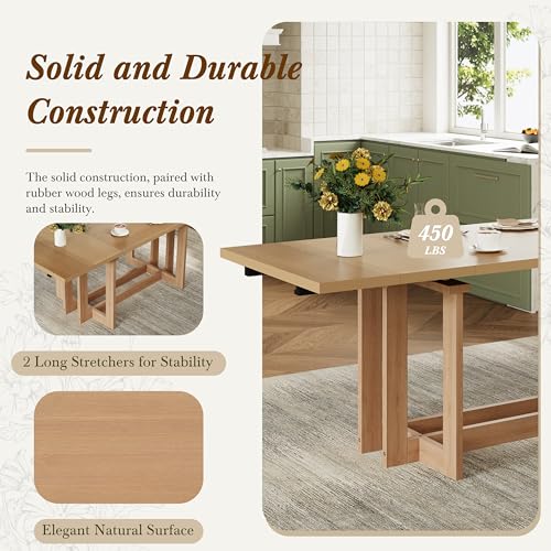 Merax 82'' 7-Piece Rustic Extendable Dining Table Set, Trestle Kitchen Table with 6 Upholstered Chairs and Two 12'' Removable Leaves, Solid Rubber Wood Farmhouse Dining Set, Natural+Beige Merax