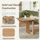 Merax 82'' 7-Piece Rustic Extendable Dining Table Set, Trestle Kitchen Table with 6 Upholstered Chairs and Two 12'' Removable Leaves, Solid Rubber Wood Farmhouse Dining Set, Natural+Beige Merax