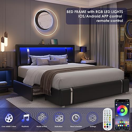 Keyluv Modern King Size Bed Frame with RGB LED Lights, USB Ports & Storage Drawers in Black Keyluv