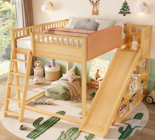 Bellemave Bunk beds Full Over Full with Slide and Stair and upholstered headboard, Low bunk/loft Bed for Kids，Natural Bellemave