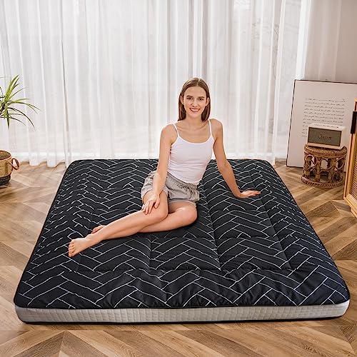 MAXYOYO Black Geometric Pattern Futon Mattress, Japanese Floor Mattress Quilted Bed Mattress Topper, Extra Thick Folding Sleeping Pad Breathable Floor Lounger Guest Bed for Camping Couch, Queen MAXYOYO