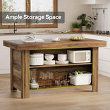 LITTLE TREE 55 Inches Kitchen Island with Storage, 3-Tier Farmhouse Wooden Stationary Island Table with Large Worktop & Leg Room, Modern Coffee Bar Table with Storage Shelf for Kitchen, Rustic Brown LITTLE TREE