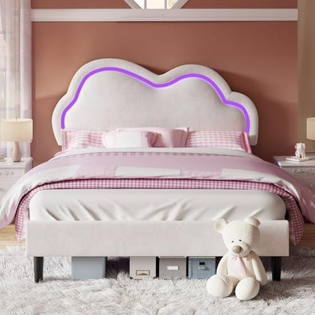 Jocisland Twin Bed Frame for Girls with Adjustable Cloud Headboard, Velvet Upholstered & RGB Lights, 7.1" Underbed Storage, No Box Spring Needed, Cream Jocisland