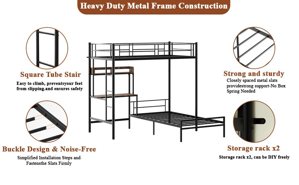 Bellemave Twin Over Twin bunk Bed with Desk, loft Bed with Desk and Shelves, Twin Over Twin Metal Bunk Beds with Charging Station, Black Bellemave