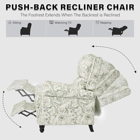 UIXE Floral Pushback Recliner Chair, Fabric Overstuffed Armchair Push Back Accent Chair for Living Room, Rivet Trim Club Chair Home Theater Single Sofa Bedroom Side Reading Seat - Rococo Green UIXE