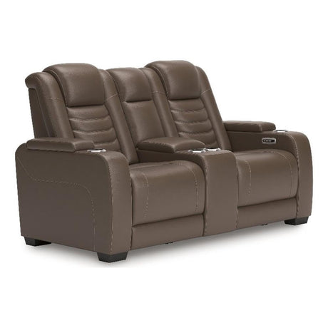 Signature Design by Ashley High Impact Contemporary Leather Match Power Reclining Loveseat with Console, Adjustable Headrest and USB Ports, Dark Brown Signature Design by Ashley