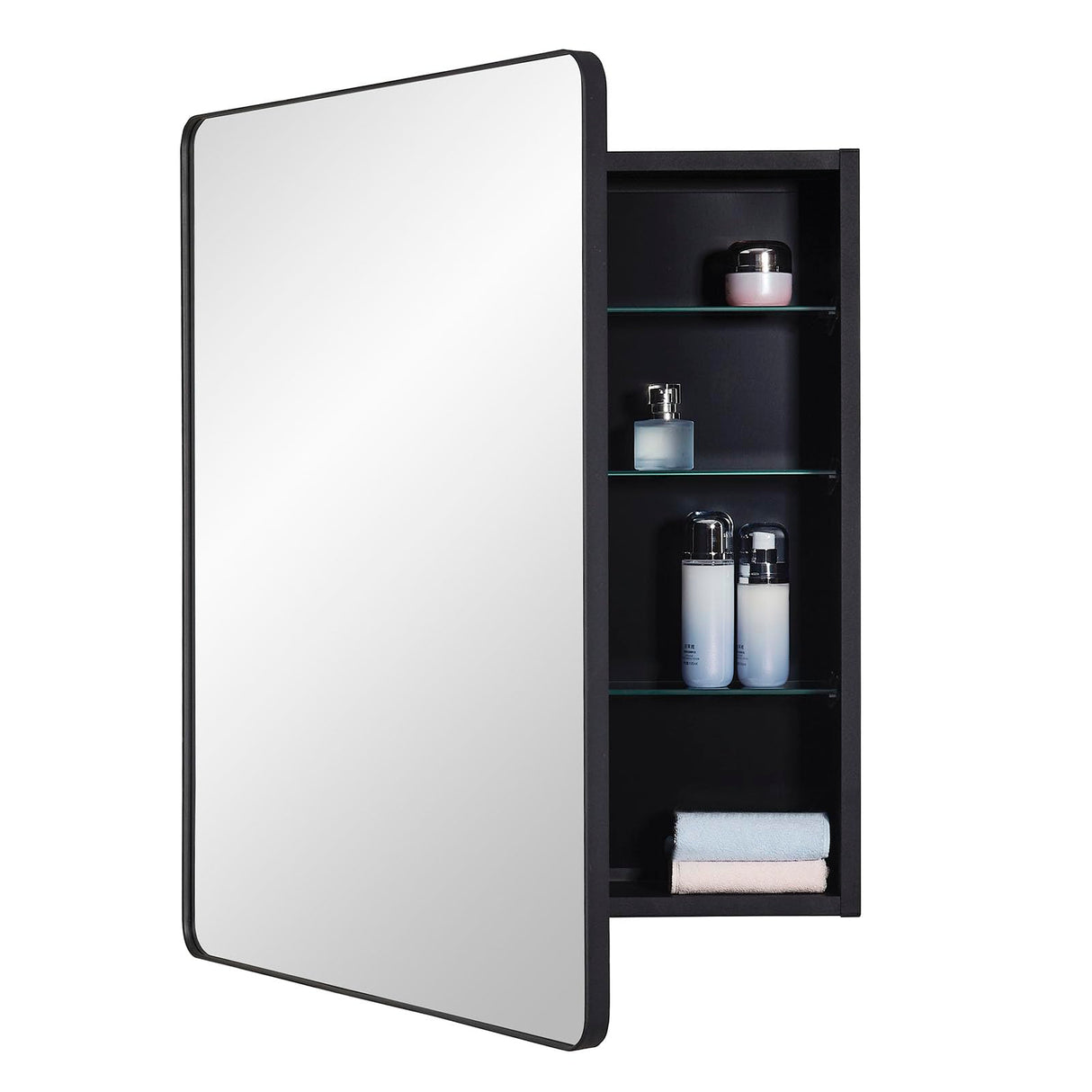 IDYLLOR Black Bathroom Mirror Medicine Cabinet with Round Corner Framed Door 24 x 30 inch, Recessed or Surface Mount, with Adjustable Glass Shelves IDYLLOR