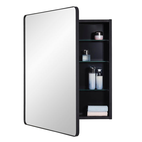 IDYLLOR Black Bathroom Mirror Medicine Cabinet with Round Corner Framed Door 24 x 30 inch, Recessed or Surface Mount, with Adjustable Glass Shelves IDYLLOR
