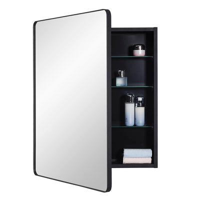 IDYLLOR Black Bathroom Mirror Medicine Cabinet with Round Corner Framed Door 24 x 30 inch, Recessed or Surface Mount, with Adjustable Glass Shelves