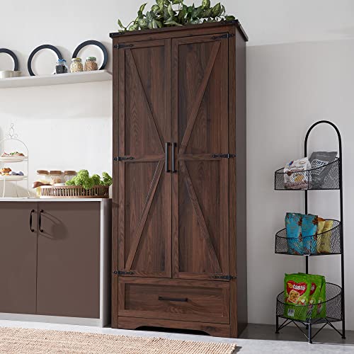 JXQTLINGMU 72" Tall Farmhouse Kitchen Pantry with Adjustable Shelves, Large Wood Storage Cabinet with Drawer & 2 Barn Doors, Versatile Storage for - WoodArtSupply