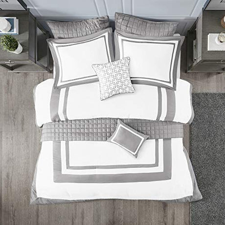 Madison Park Heritage Comforter Quilt Combo Set - Modern Luxury Design, All Season Down Alternative Bedding, Matching Shams, Decorative Pillows, Full/Queen(90"x90"), Color Block Grey 8 Piece Madison Park
