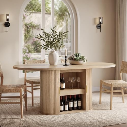 DWVO 70.9" Oval Dining Table for 6-8, Modern T-Shaped Kitchen Table with Storage Shelves & Pedestal Base, Multi-Purpose Dinner & Office Table, Light Oak DWVO