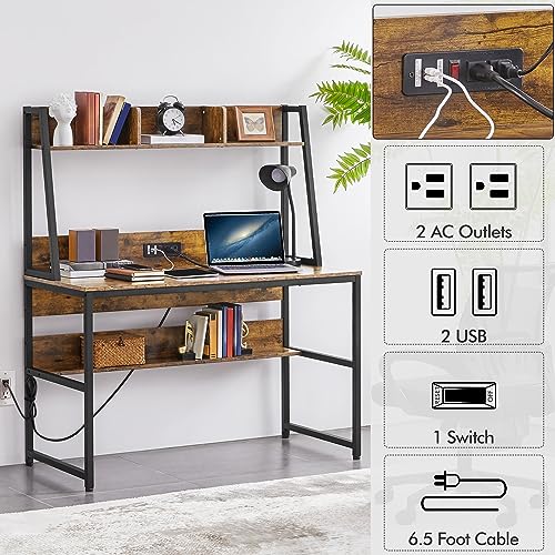 Yaheetech 47 in Rustic Brown Modern Computer Desk with Power Outlets and USB Ports Yaheetech