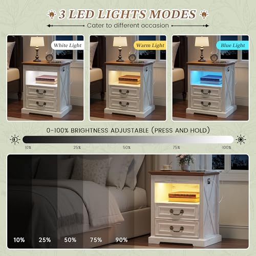 Dystler Night Stand with Gun Drawer, Bedside Table with LED Light & Human Sensor, Nightstand Gun Safe with 2 Drawers for Bedroom, Farmhouse End Table with Charger Station, Antique White Dystler