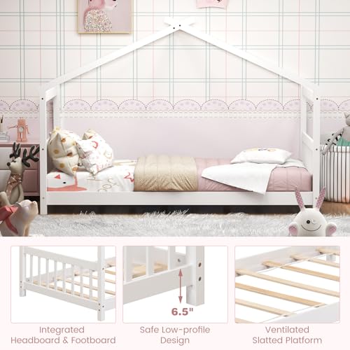 KOMFOTT Low Profile Twin House Bed Frame for Kids - Safe and Creative Wood Floor Bed with Roof and Headboard in White KOMFOTT