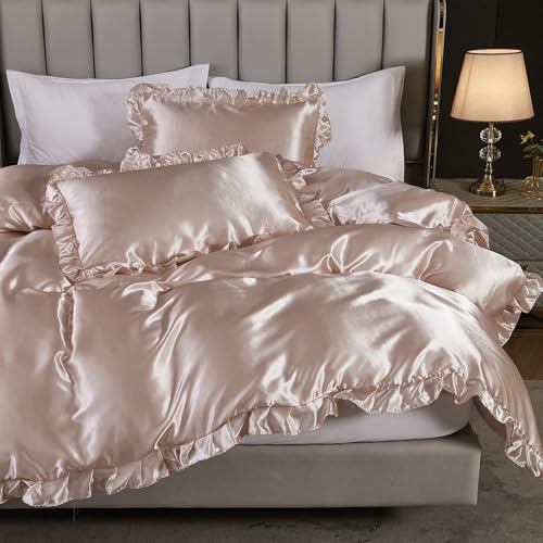 Silk Like Satin Bedding Twin Light Pink Duvet Cover Set Soft Silky Ruffle Comforter Cover Sexy Hotel Silky Bedding Sets 1 Duvet Cover 1 Pillowcase (Twin, Light Pink) Bedding_Dreamer