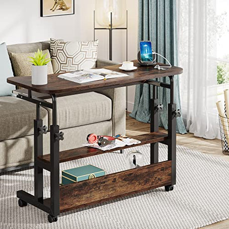 Tribesigns Portable Desk with Power Outlets, Height Adjustable Side Table Sofa Couch Bedside Laptop Computer Cart with USB Charging Ports, Mobile Small Standing Desk with Keyboard Tray Tribesigns