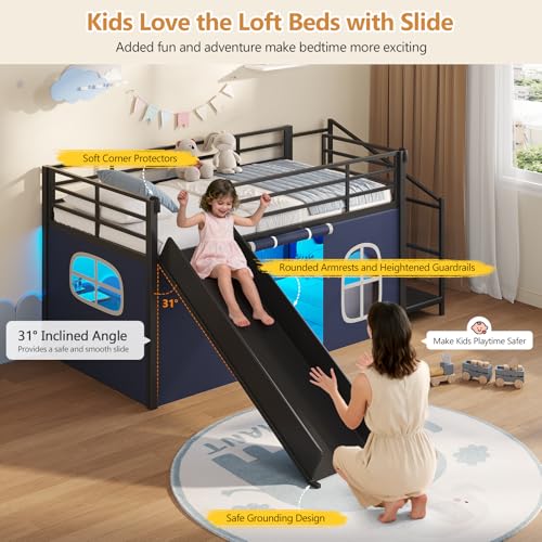 DICTAC Low Loft Bed with Slide,Storage Stairway and Led Lights Metal Twin Size Loft Bed with Under-Bed Play Space,Art Table & Play Curtain Twin Beds with 2 Drawers and 13.8''H Safety Guardrail,Black DICTAC