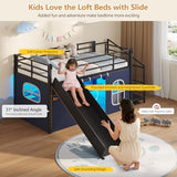 DICTAC Low Loft Bed with Slide,Storage Stairway and Led Lights Metal Twin Size Loft Bed with Under-Bed Play Space,Art Table & Play Curtain Twin Beds with 2 Drawers and 13.8''H Safety Guardrail,Black DICTAC