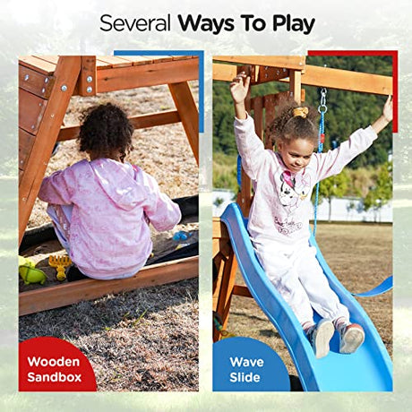 Dolphin Playground Wooden Swing Sets for Backyard with 6FT Slide, Outdoor Playset for Kids with Sand Pit, Climbing Wall, and 2 Belt Swings, Heavy Duty Playground Accessories, Ages 2-9 DOLPHIN PLAYGROUND T