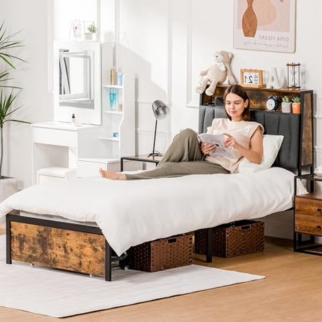 COMHOMA Twin Size Platform Bed Frame with LED Lights and Charging Station, Storage Headboard and Footboard Drawers, No Box Spring Needed, Rustic Wood Look COMHOMA