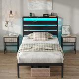 CollaredEagle Bed Frame with Headboard and Footboard,Heavy Duty Steel Slats Support Metal Bed Frame with Charging Station (Black, Twin) CollaredEagle