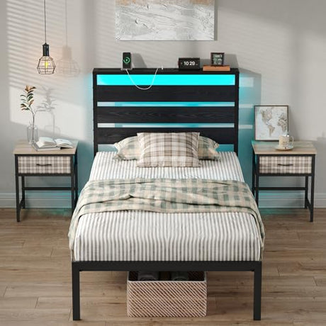 CollaredEagle Bed Frame with Headboard and Footboard,Heavy Duty Steel Slats Support Metal Bed Frame with Charging Station (Black, Twin) CollaredEagle