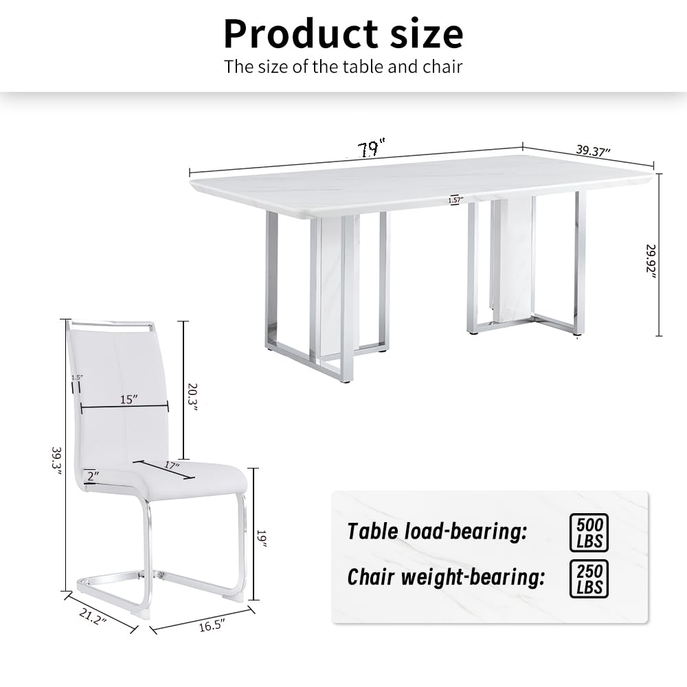 MEMUY 79" Modern Dining Table Set for 8,Faux Marble Dining Room Table Top with Silver Metal Pedestal, Glossy White Kitchen Room Table Set for 8-10 Person,Dining Room Table with 8 White Chairs MEMUY