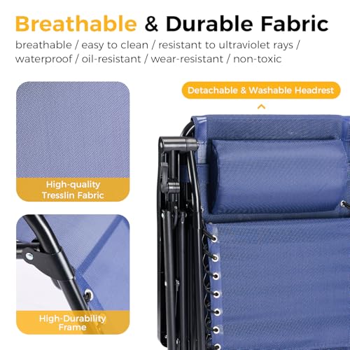 NEWBULIG Zero Gravity Chair Set of 2, Lounge Chair Folding Portable Adjustable Camping Reclining Chairs with Adjustable Pollow, Mesh Back, Cup Holder Trays Lawn Patio Chair for Pool Beach - Blue