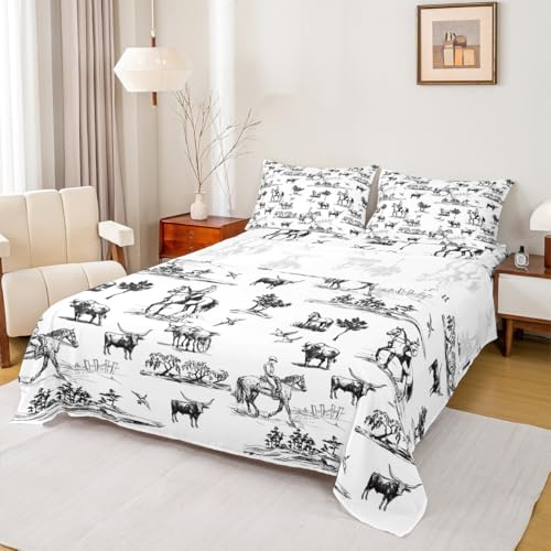 Western Sheet Set King Size Sketch Cowboy Cow and Horse Bedding Set 4Pcs Farm Animal Bed Sheet for Kids Boys Girls Adult Room Decor Black White Rustic Farmhouse Fitted + Flat Sheet,2 Pillowcase Castle Fairy