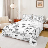 Western Sheet Set King Size Sketch Cowboy Cow and Horse Bedding Set 4Pcs Farm Animal Bed Sheet for Kids Boys Girls Adult Room Decor Black White Rustic Farmhouse Fitted + Flat Sheet,2 Pillowcase Castle Fairy