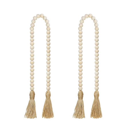 LJY&V Wood Bead Garland with Jute Tassels, 32 inches Farmhouse Beads Tassels for Home Curtain Wall Hanging Rustic Country, Natural Cute Wooden Bead Tassels Prayer (2Pcs), Beige LJY