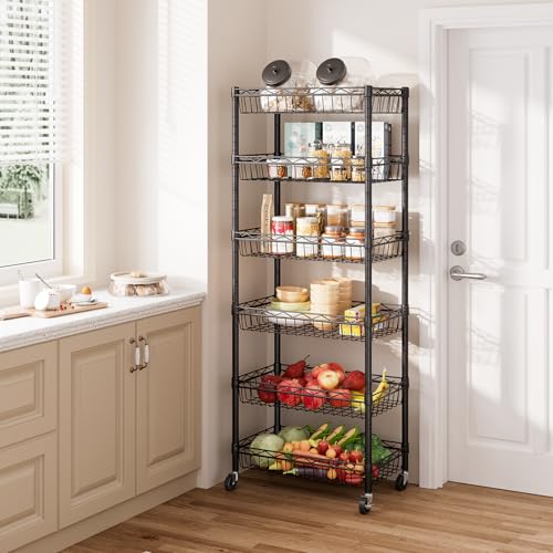 SINGAYE 6 Tier Basket Shelf Wire Shelving Unit Adjustable Storage Shelves Big Basket Rack for Garage Kitchen Office Pantry Corner 17" Dx12 Wx63 H Black SINGAYE