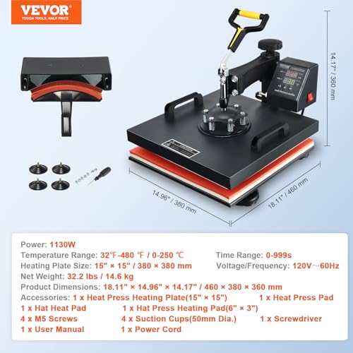 VEVOR 15x15 Heat Press & Hat Heat Press 2 in 1 Machine, Digital Temp&Timer Control, Heat Up Fast & Even - Cap & Shirt Press Combo Machine for Most Hats, T Shirt, Cap, Pillow, Bag, Pad, Hoodie - WoodArtSupply