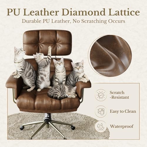 Perledesign Executive Leather Office Chair - Brown Ergonomic Desk Chair with Thick Cushion & Lumbar Support, Comfy Mid Century Modern Swivel Computer Chair for Home Office Perledesign