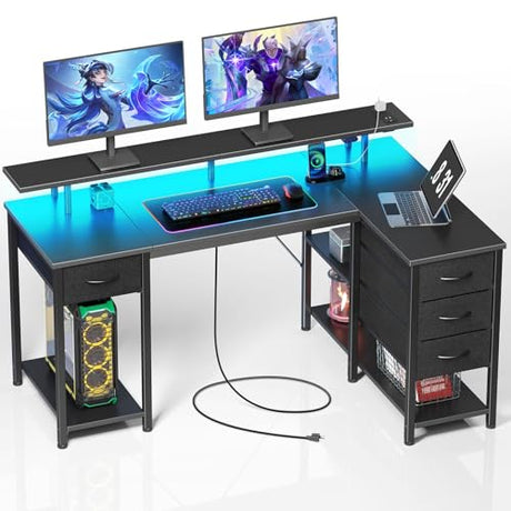 Seventable Gaming Desk 47.2" with LED Lights & Power Outlets, Small L Shaped Desk with 4 Drawers, Computer Desk with Storage Shelves, Corner Desk with Monitor Stand for Small Space, Home Office Black Seventable