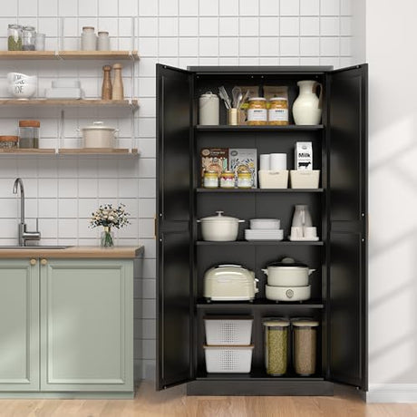 UNICOLY 71" Kitchen Pantry Cabinet, Pantry Storage Cabinet with Doors and 4 Shelves, Metal Storage Cabinets for Kitchens, Living Room, Dinning Room, Assembly Required, Black UNICOLY