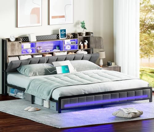 Elevate Your Space with the CSZZD Queen Bed Frame: Upholstered with Smart LED Lights & Storage Headboard in Oak Gray CSZZD