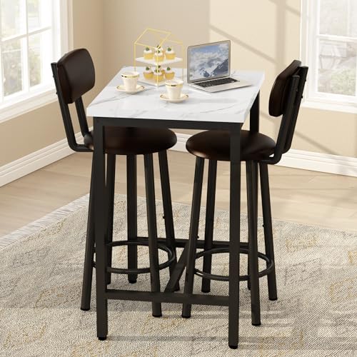 LTTROMAT Dining Table Set, 23.6” Square Faux Marble Table with 2 PU Upholstered Backrest Chairs, 3-Piece Kitchen Dining Room Set for Small Spaces, Kitchen, Restaurant Furniture, White LTTROMAT