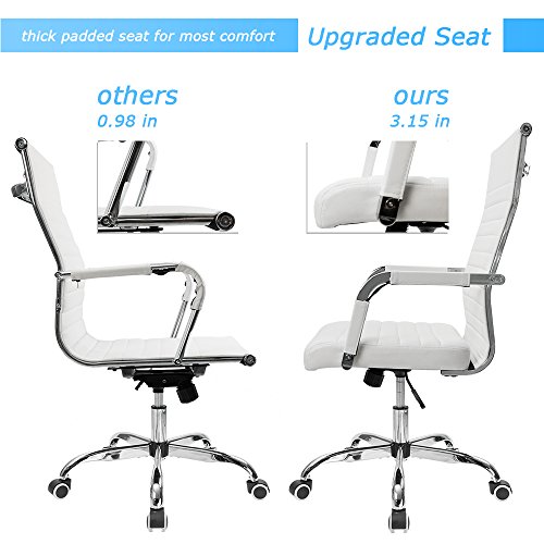 Furmax Ribbed Office Desk Chair Mid-Back PU Leather Executive Conference Task Chair Adjustable Swivel Chair with Arms (White) Furmax